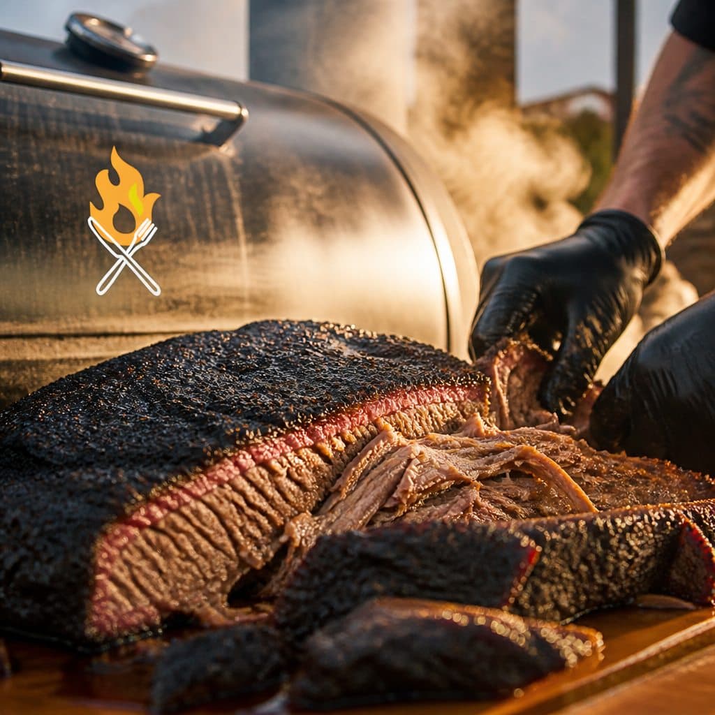 Brisket smoking low and slow over real wood